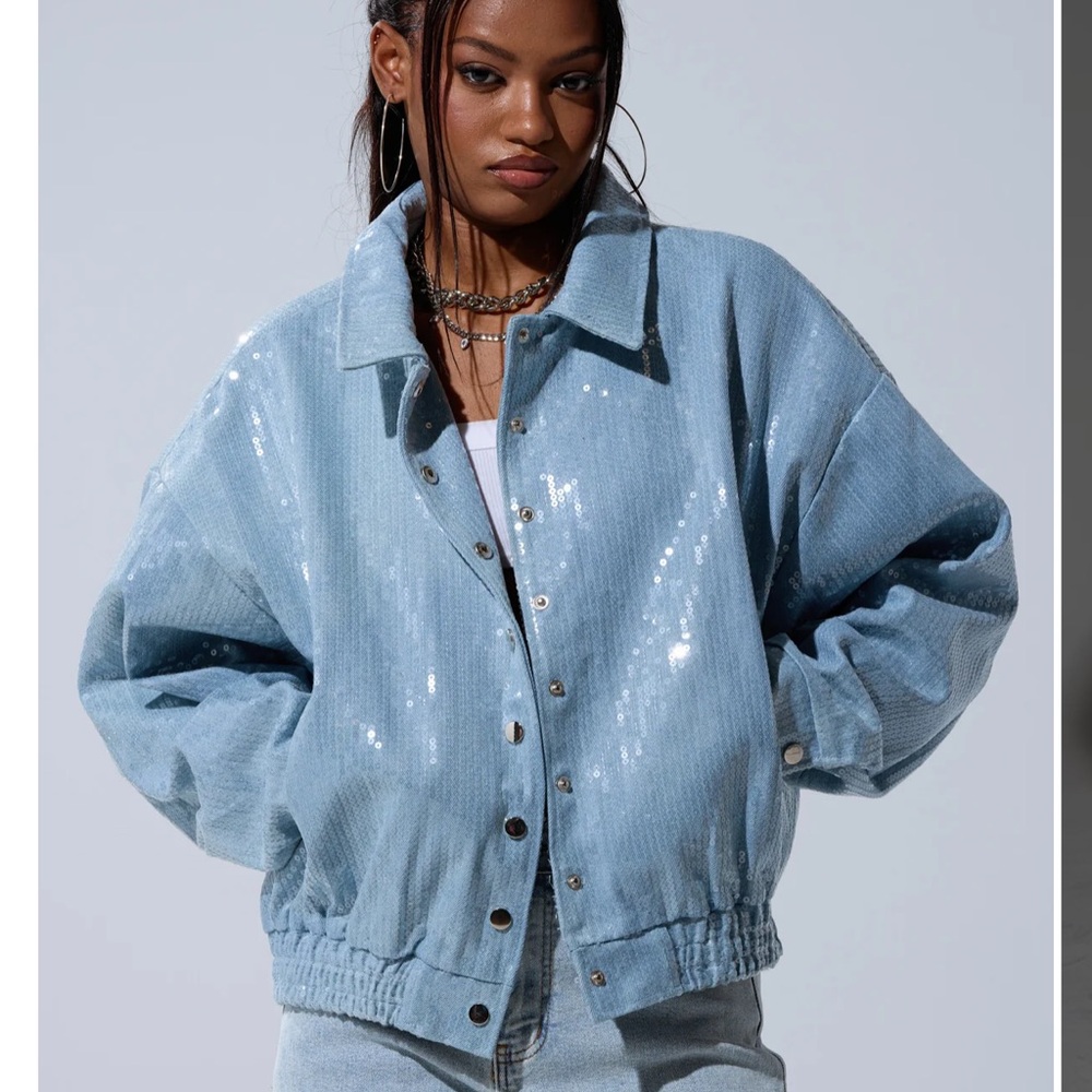 SEQUIN OVERLAY DENIM BOMBER - 1X